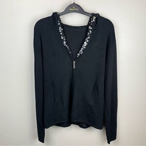 Zippered Sweater Black Sequin Hood and Collar S/M